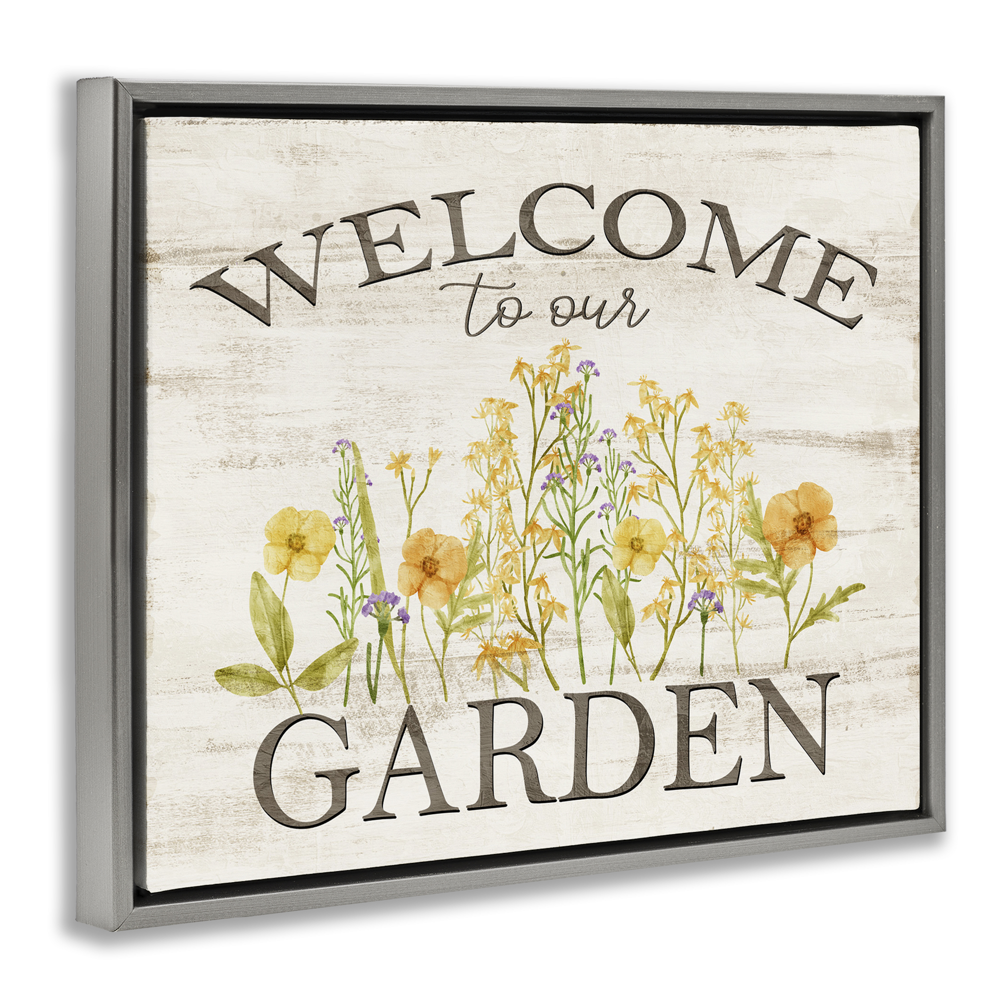 Stupell Industries Welcome To Our Garden Botanical & Floral Painting Gray Floater Framed Canvas Art Print Wall Art, 31 x 25