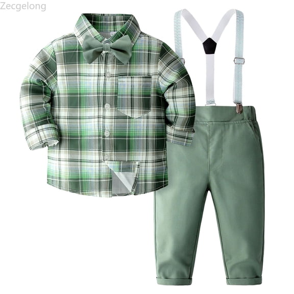 Zecgelong Boys Outfits & Sets Stylish Long Sleeve Checkered Shirt And Suspender Pants Set For Young Gentlemen For And Everyday Wear Boys 2 Piece Set Size 12