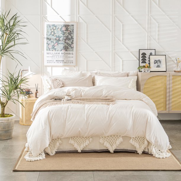 White Cotton Bedding Set Queen Boho Duvet Cover 100 Washed Cotton
