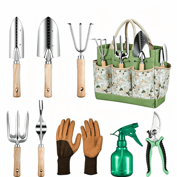 Mighty Rock 10 Piece Garden Tool Set, Stainless Steel Gardening Tools with Storage Bag and Gloves for Women