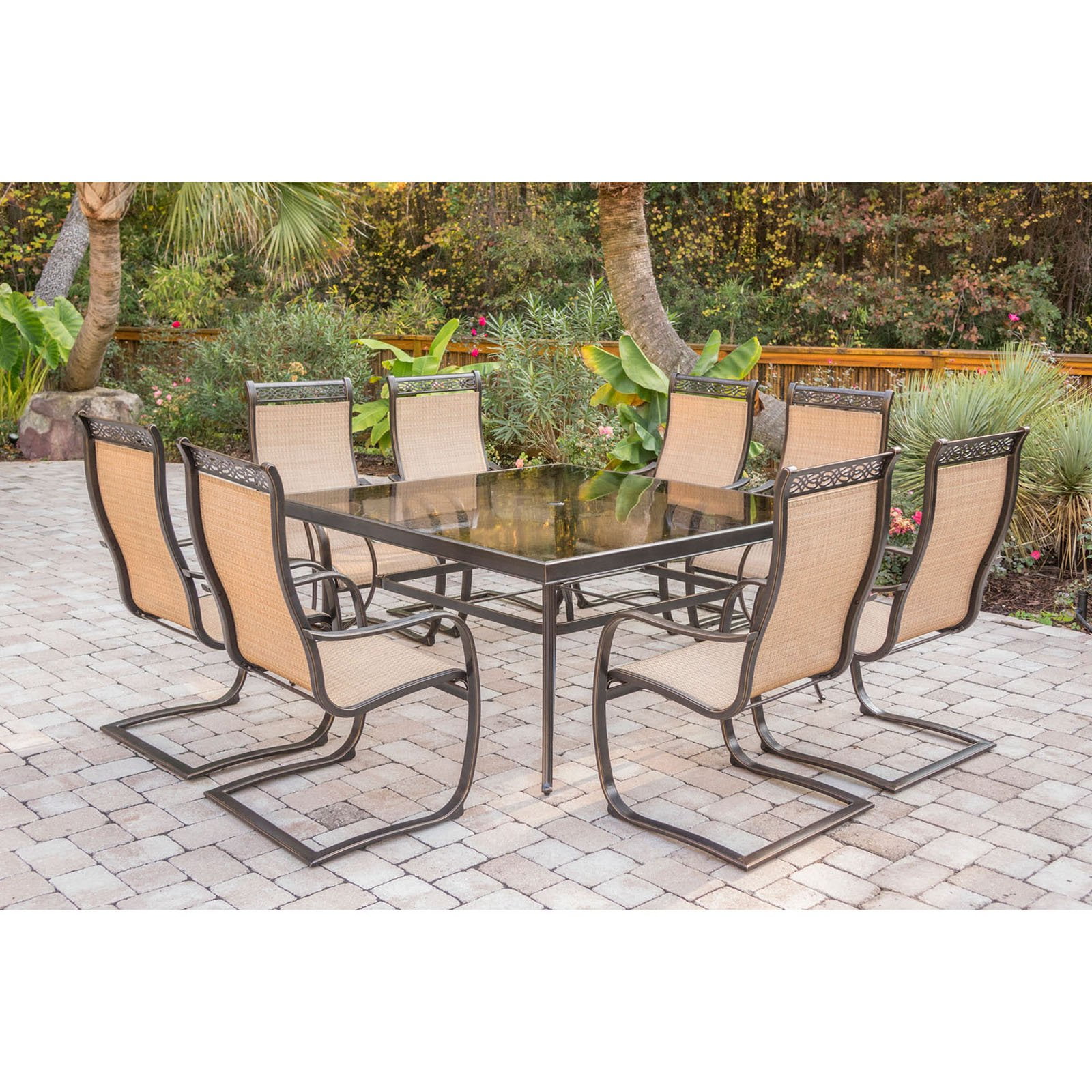 Outdoor Monaco 9 Piece Sling Dining Set, Outdoor Glass Top Table And Chairs Set