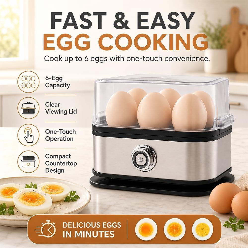 Multifunctional Egg Steamer with Clear Lid, Electric Egg Cooker for 6 Eggs with Auto Shutoff, 304 Stainless Steel Rapid Cooker with Dry-Burn Protection for Soft, Medium or Hard-Boiled Eggs (1PC)