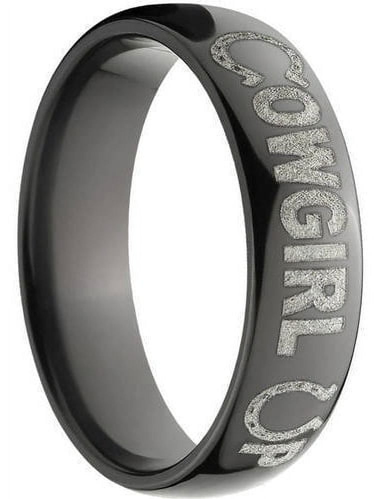 6mm Half-Round Black Zirconium Ring with "Cowgirl Up" Laser Design