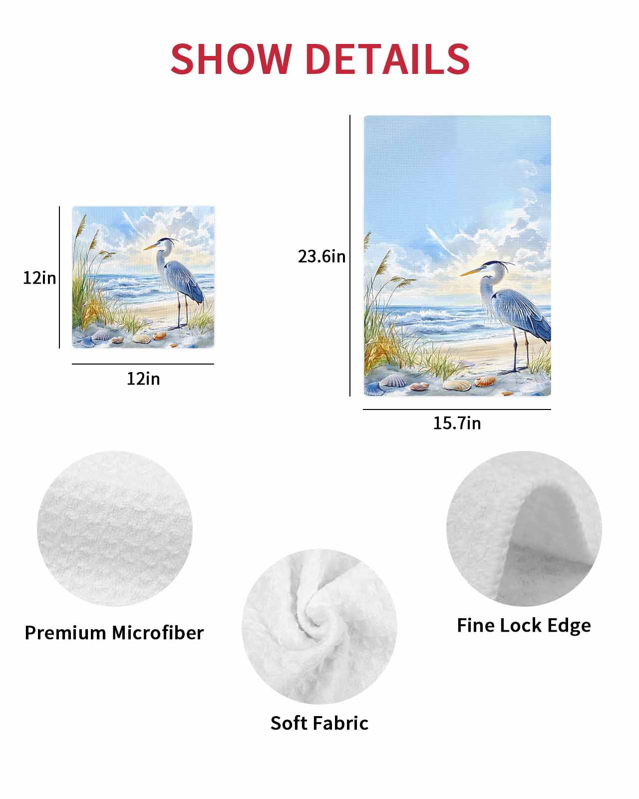 Coastal Birds Kitchen Dish Towels for Drying Dishes Set of 2, Blue Sky Heron Seabird Tropical Beach Waffle Weave Microfiber Terry Hand Tea Bathroom Towels Quick Dry & Absorbent Towel 15.7x23.6