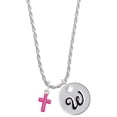 thumbnail image 1 of Delight Jewelry Silvertone Small Hot Pink Crystal Cross Silvertone Script Initial Disc - W - Charm Necklace, 20"+3", 1 of 4