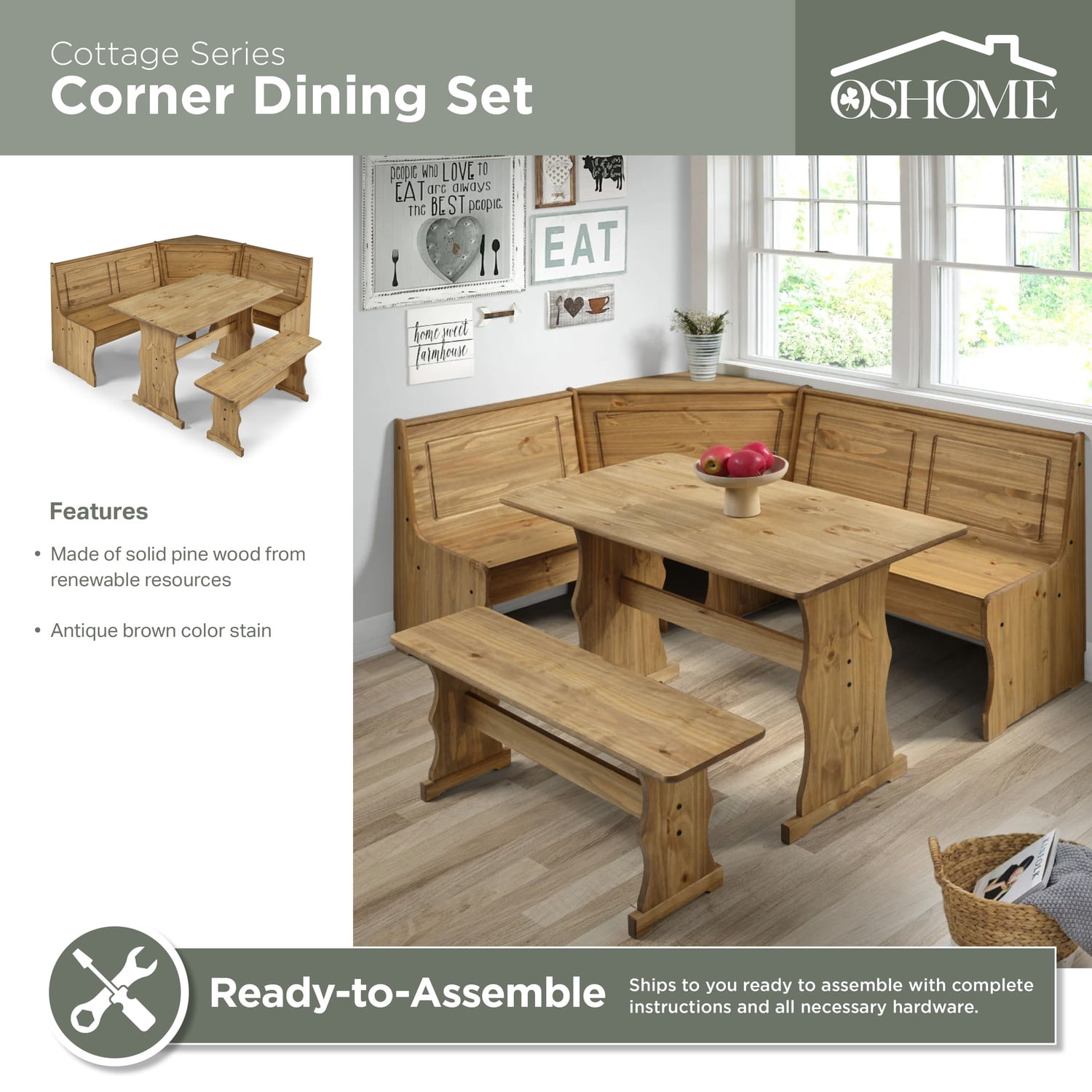 OS Home and Office Furniture Solid Pine Corner Dining Booth in Brown