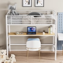 VECELO Twin Size  Heavy Duty Metal Loft Bed Frame with Desk, Removable Ladder & Safety Stairs & Full-Length Guardrail for Dormitory No Box Spring Needed, White