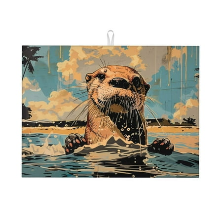 

Dish Drying Mats for Kitchen Counter - Playful Otter Tropical Beach 18x24in Dish Drying Pad Coffee Mat with Hanging Loop Super Absorbent Kitchen Counter Mat Coffee Bar Accessories