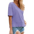 thumbnail image 2 of Short Sleeve Solid Color Summer Women V Neck Casual Flowy Tee Shirt, 2 of 7