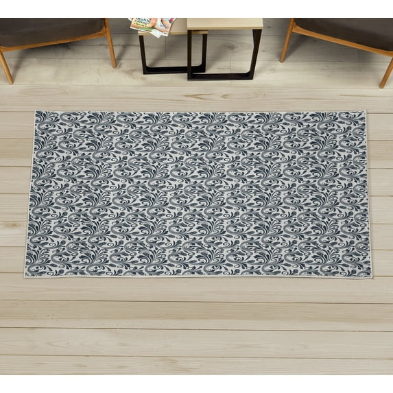 Floral Decorative Rug, Medieval Victorian Petals Baroque Blooms Swirls Flourish Spring Illustration, Quality Carpet for Bedroom Dorm and Living Room, 6 Sizes, Sea Blue, by Ambesonne