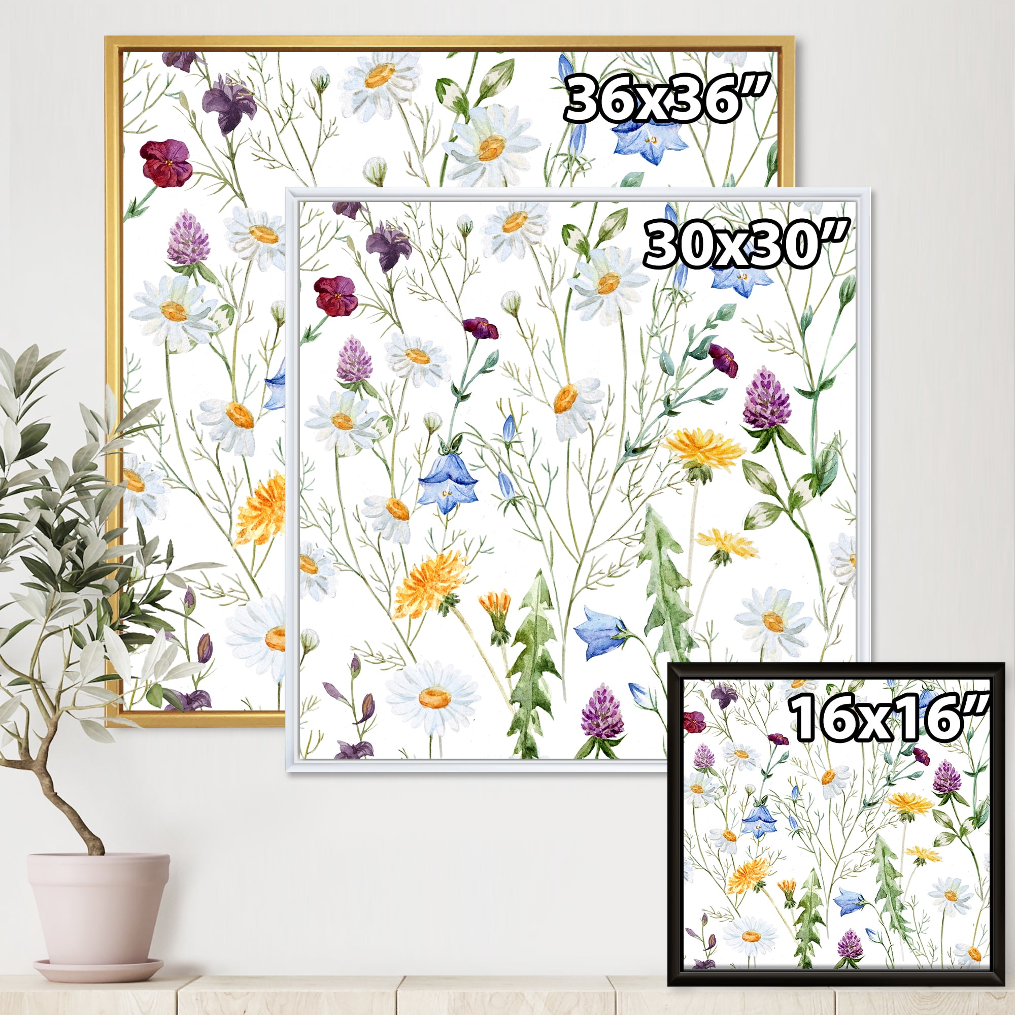 Designart 'Wildflowers Clover Bell and Chamomile III' Traditional Framed Canvas Wall Art Print