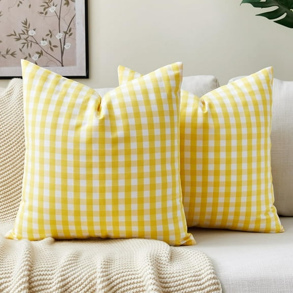 Yellow Gingham Checkered Throw Pillow Covers 18x18 Set of 2, Neutral Modern Farmhouse Yellow Outdoor Pillows 18 x 18 for Porch Patio Furniture (No Pillow Inserts)