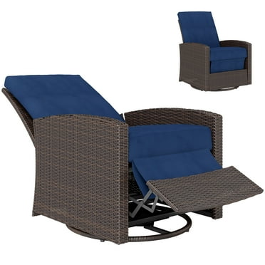 -Outdoor Wicker Swivel Recliner Chair, Reclining Backrest, Lifting Footrest, 360° Rotating Basic, Water Resistant Cushions for Patio, Dark Blue