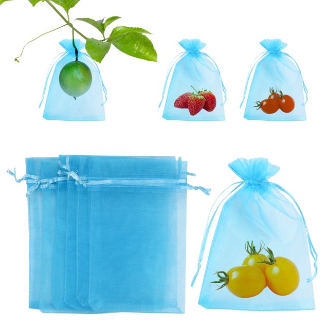 Uxcell 100 Paquete de Bolsas de Protección para Frutas - Bolsas de Malla para Frutas de 4x6 Pulgadas con Cierre de Cordón Aplicables a Plantas (Azul Lago)