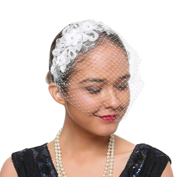 MIPCASE Minimalist White Veil Headband with Floral Lace and Rhinestones Perfect for Cocktail and Wedding Events