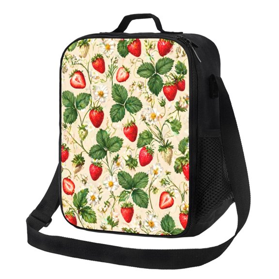 Strawberry Floral Lunch Bag Insulated Thermal Lunch Box with Shoulder Strap & Handle for Women and Men
