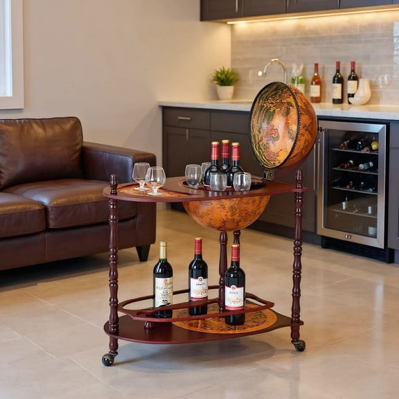 Barara King Wine Rack, Wine Bottle Organizer Shelf,Vintage Globe Rolling Wine Bar Cart with Extra Shelf