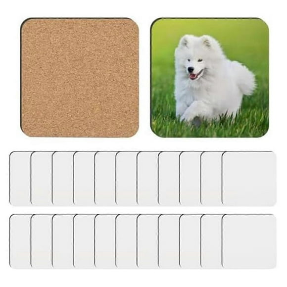 24 posavasos de sublimación en blanco de MDF con base de corcho para transferencia térmica, ideales para manualidades, pintura y arte. 3,9 x 3,9 pulgadas.