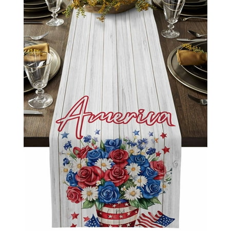 

Independence Day USA Flag Floral Table Runners 13x36 Inches Long Linen Burlap Table Runner July 4th Blue Red Rose Table Cover Dresser Scarf for Kitchen Dining Holiday Party Wedding Gathering