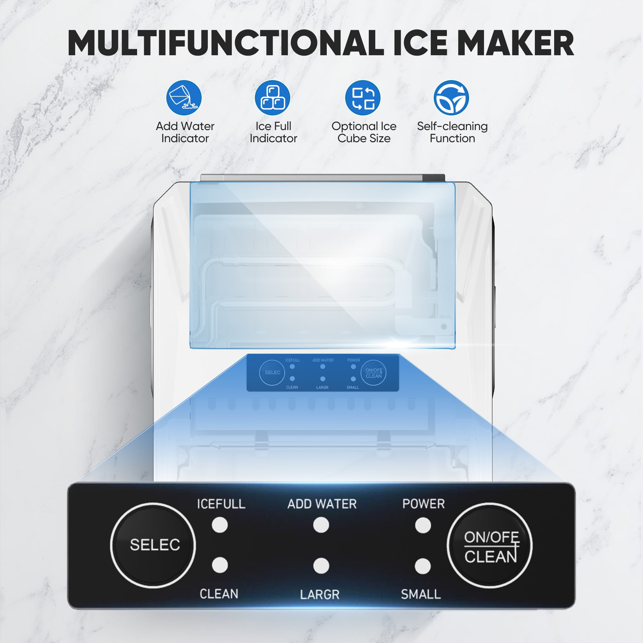 EDX Countertop Ice Maker, 26 lbs in 24 Hrs, 9 Ice Cubes Ready in 6 Mins, Self-Cleaning, with Basket & Scoop, For Home, Camping, White