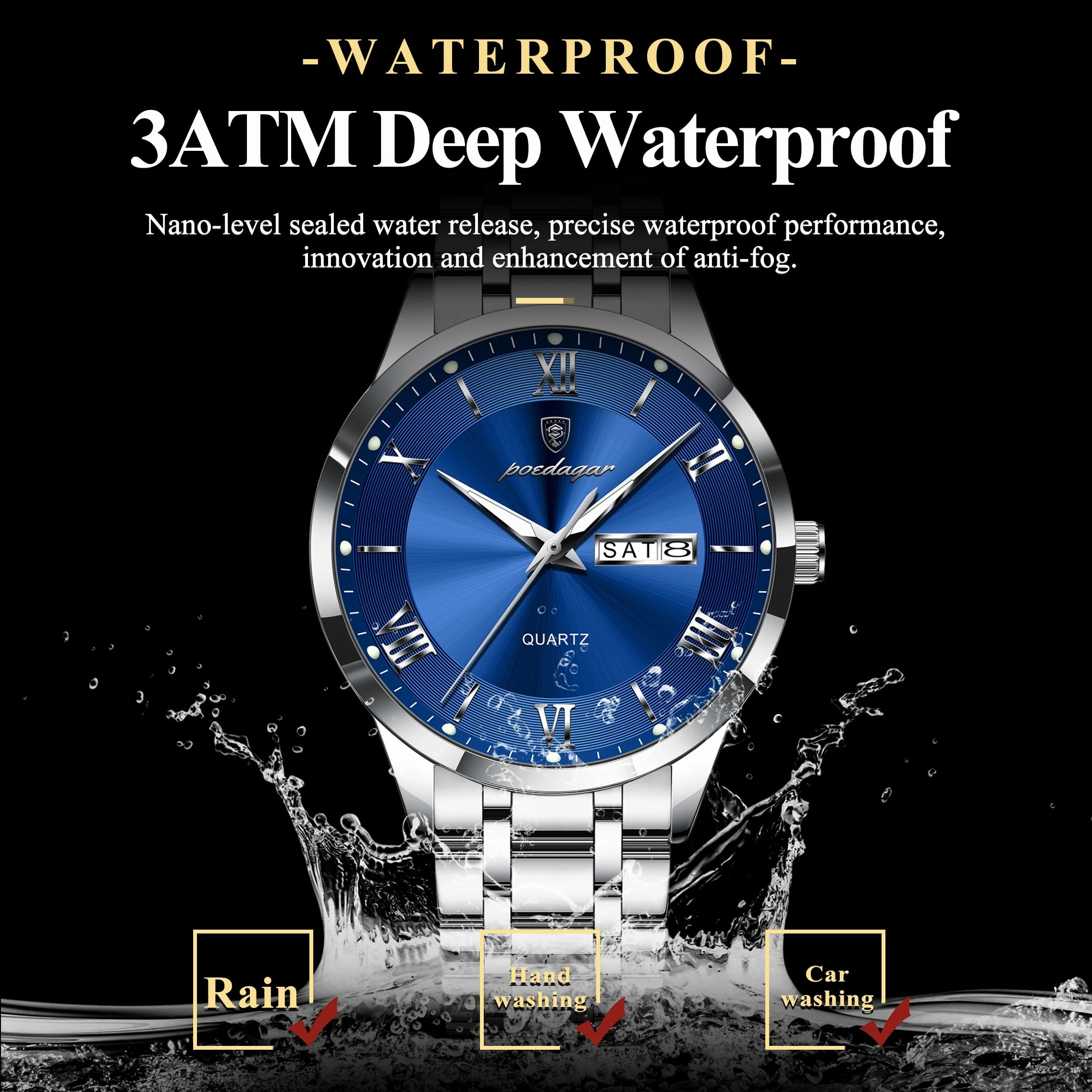 POEDAGAR Fashion Stainless Steel Men's Quartz Watches Waterproof Luminous Week Date Sports Man Wrist Watch