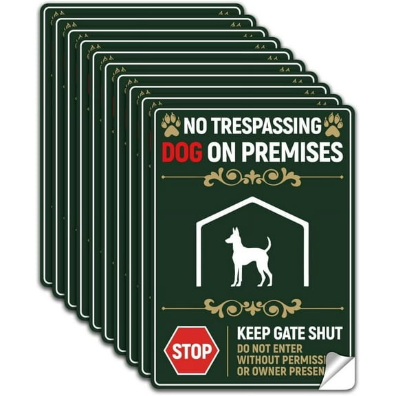 10Pcs No Trespassing Dog On Premises Sign Sticker PVC Waterproof Stop Dog Keep Gate Shut Warning Sign Stickers Decal for Home Self Adhesive Safety Sign Labels for Outdoor 5.1x7.1 Inch Green