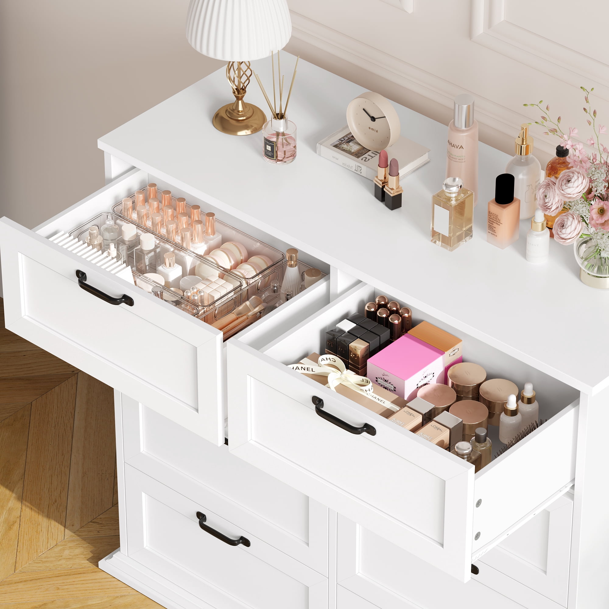 Homfa Horizontal 8 Drawer Dresser, White Wood Storage Cabinet, Double Dresser for Bedroom Living Room