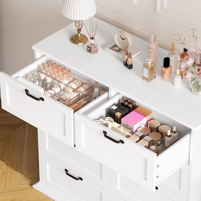 Homfa 8 Drawer Double Dresser for Bedroom and Living Room, White Wood Storage Cabinet, Horizontal Low Height