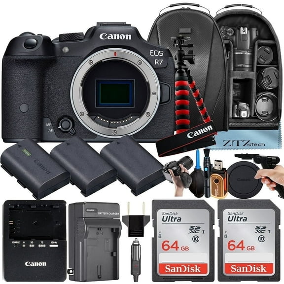 Canon EOS R7 Mirrorless Camera (Body Only) with 2 Pack 64GB SanDisk Memory Card   3 Pieces Battery   Backpack   Tripod   ZeeTech Accessory Bundle
