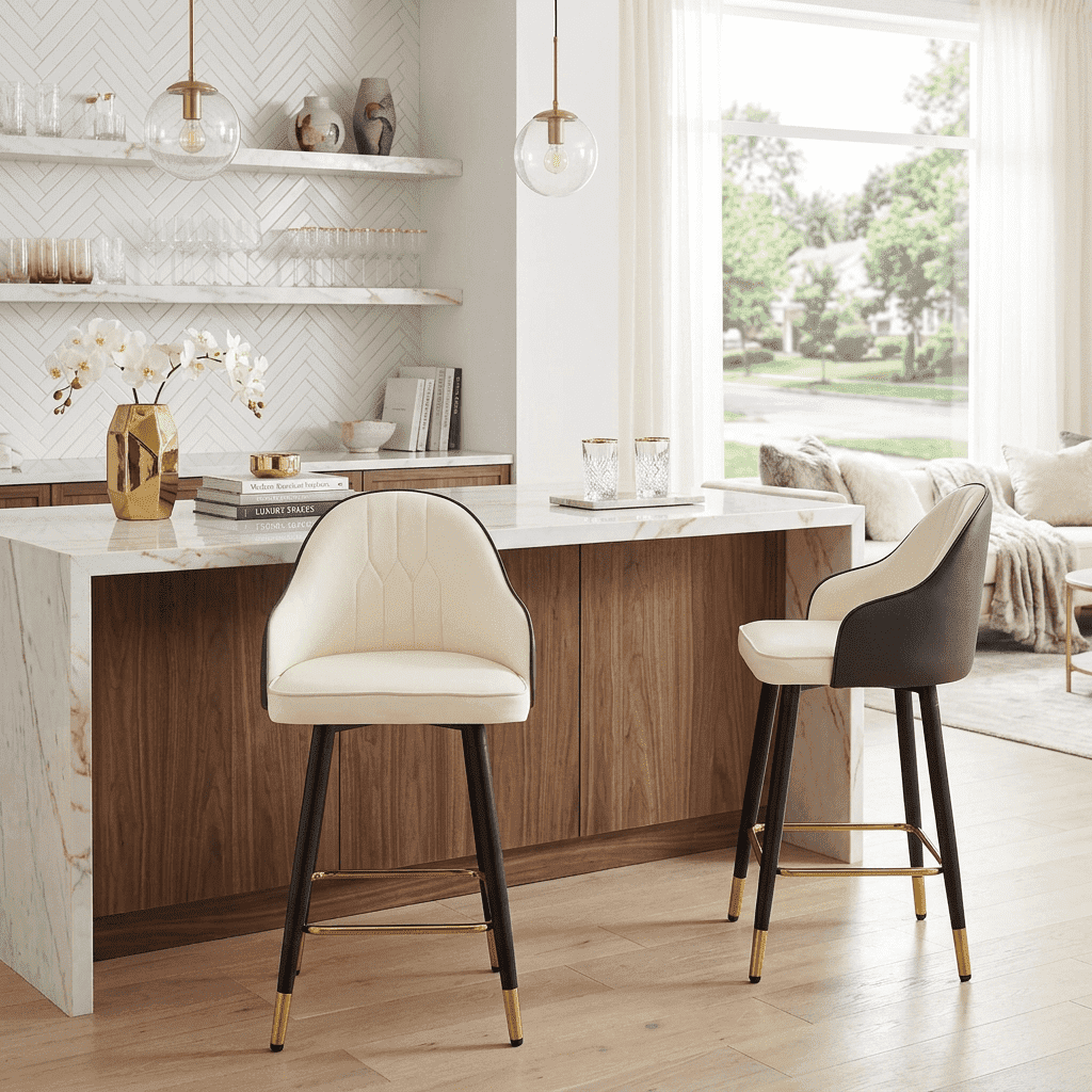 StnTalk Bar Stools Set of 2, White & Dark Gray PU Leather Counter Height Chairs, Modern Splicing Kitchen Stools with Gold Footrest & Metal Legs for Kitchen Island