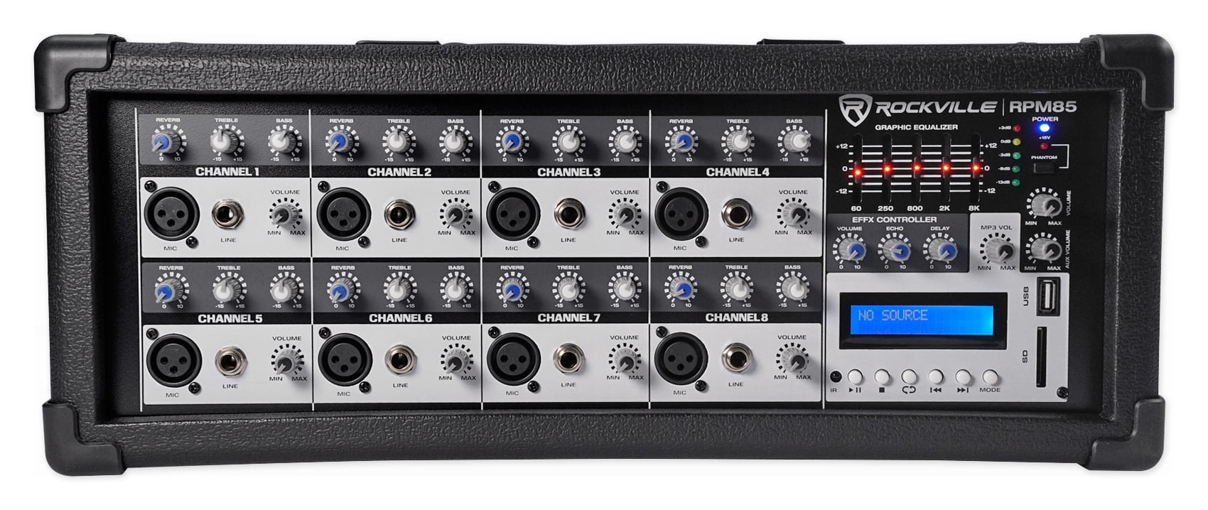 Rockville RPM85 2400w Powered 8 Channel Mixer/USB/EQ/Effects/Bluetooth+Mics+Case