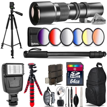 500mm Telephoto Lens for Nikon D5600 D7500 + Flash + 72 Monopad -64GB Kit