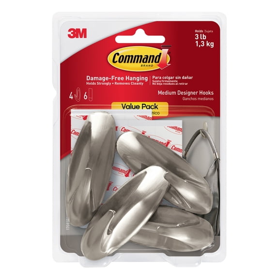 Command Designer Hooks, Brushed Nickel, Medium, 1 Hook, 2 Strips/Pack