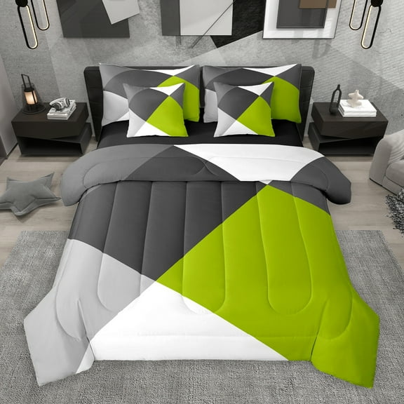 Manfei Green Black White 7-Piece Twin Bedding Sets,Modern Minimalist Geometric Bedding Comforter Set,Patchwork Checkered Sheet Sets For Teens,Ultra Soft Home Decor Reversible