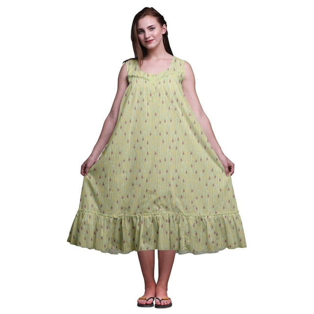 Bimba Beige Verdâtre6 Pois Chemises de Nuit Décoratives et Imprimées en Coton pour Femmes Robe Sans Manches Tenue de Nuit Robe Maxi Moyen