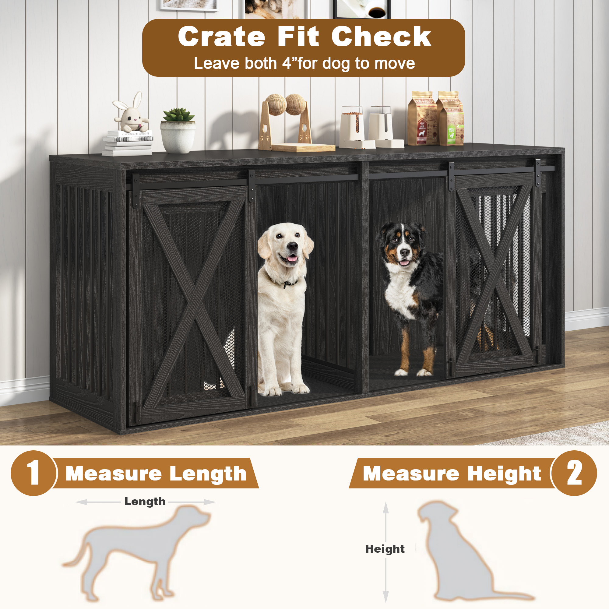 78.7" XXL Dog Crate Furniture for 2 Large Dogs, Farmhouse Dog Kennel TV Stand with Sliding Door and Removable Divider, Black
