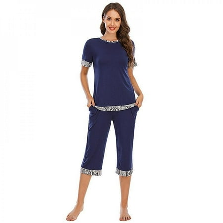 

Spree Solid Two-Piece Nightdress Round neck Short Sleeve Knee-Length Sleepwear Pullover Loungewear Blue M