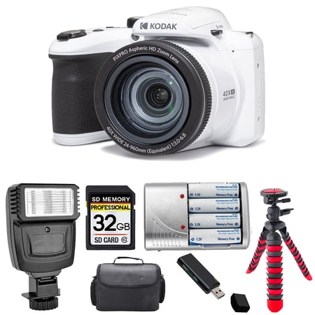 Kodak PIXPRO AZ405 Digital Camera (White) + Extra Battery + Flash - 32GB Kit