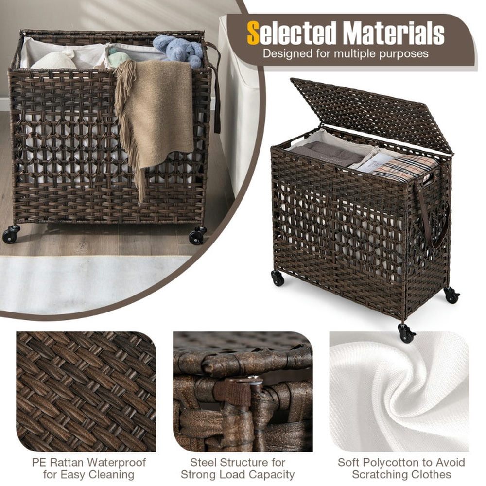Finihen Laundry Hamper, Laundry Basket, 110L 2-Section Laundry Hamper with 2 Removable and Washable Liner Bags, for Bathroom, Laundry Room, Brown Finihen Laundry Hamper, Laundry Basket, 110L 2-Section Laundry Hamper with 2 Removable and Washable Liner Bags, for Bathroom, Laundry Room, Brown