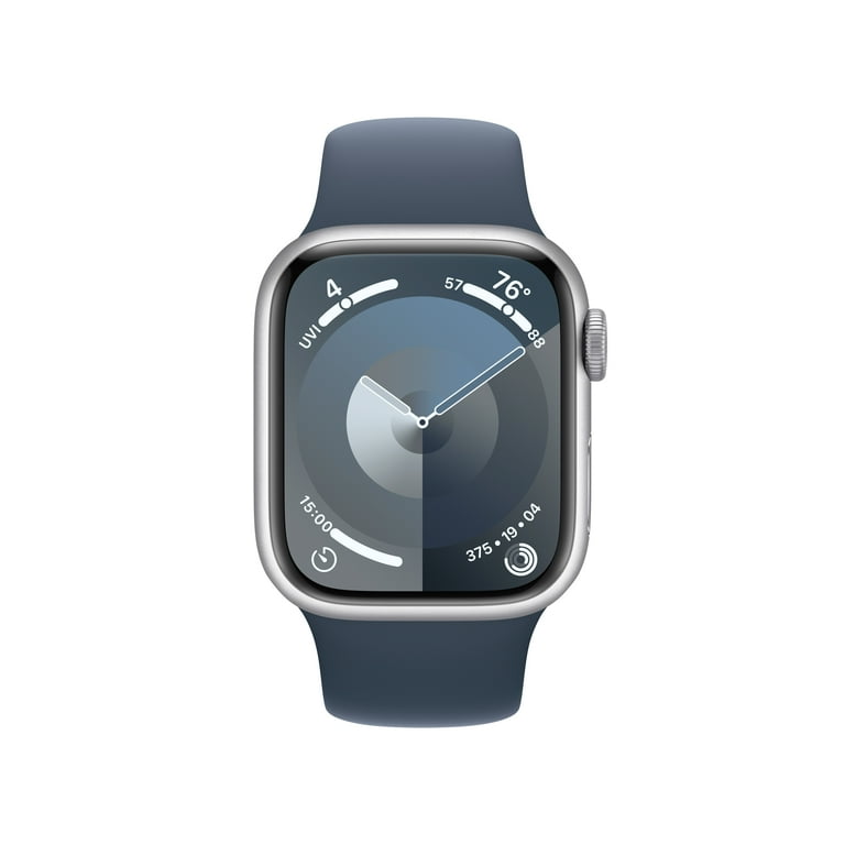 Apple Watch Series 9 With Blood Oxygen. GPS Cellular 41mm Silver Aluminum Case with Storm Blue Sport Band M L