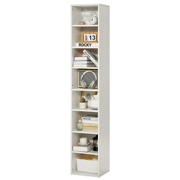 KFFKFF 8 Tiers Narrow Bookshelf, 71 in Wooden Tall Open Bookcase with  Height-Adjustable Shelf, Freestanding Display Storage Floor Bookcase Bookshelf