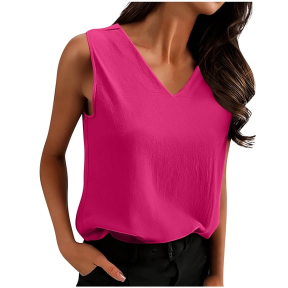 V-Neck Linen-Blend Tank Tops for Women Sleeveless Loose Fit Solid Color Blouses 2026 Summer Spring Casual Daily Shirts