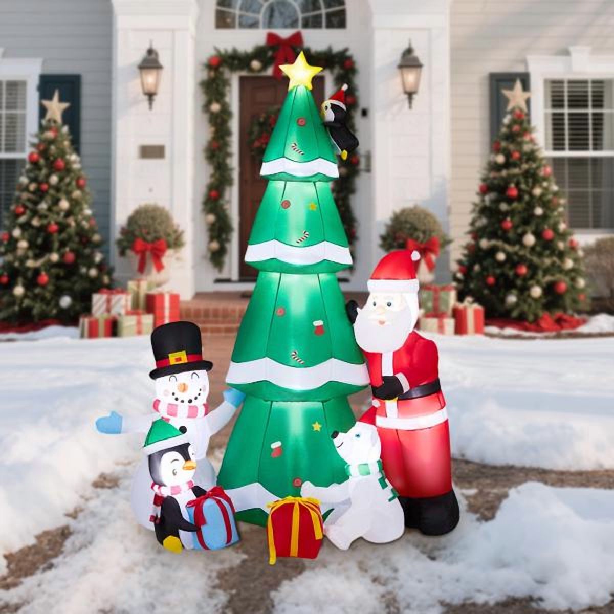Giant Christmas Inflatable Tree with Santa, Snowman, Penguin, Weatherproof Polyester for Yard, Garden, Indoor