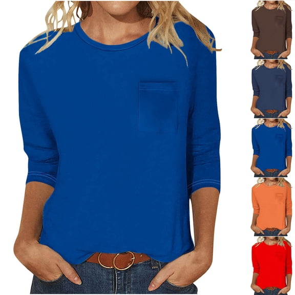 Swuxness Women 3/4 Sleeve Casual Shirts, Spring and Summer Tops, Ladies Crew Neck Solid Color Fashion Comfortable Loose Pullover Tee Navy, XXXL