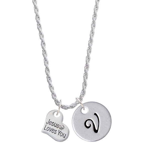 Delight Jewelry Silvertone Small Jesus Loves You Heart Silvertone Script Initial Disc - V - Charm Necklace, 20"+3"