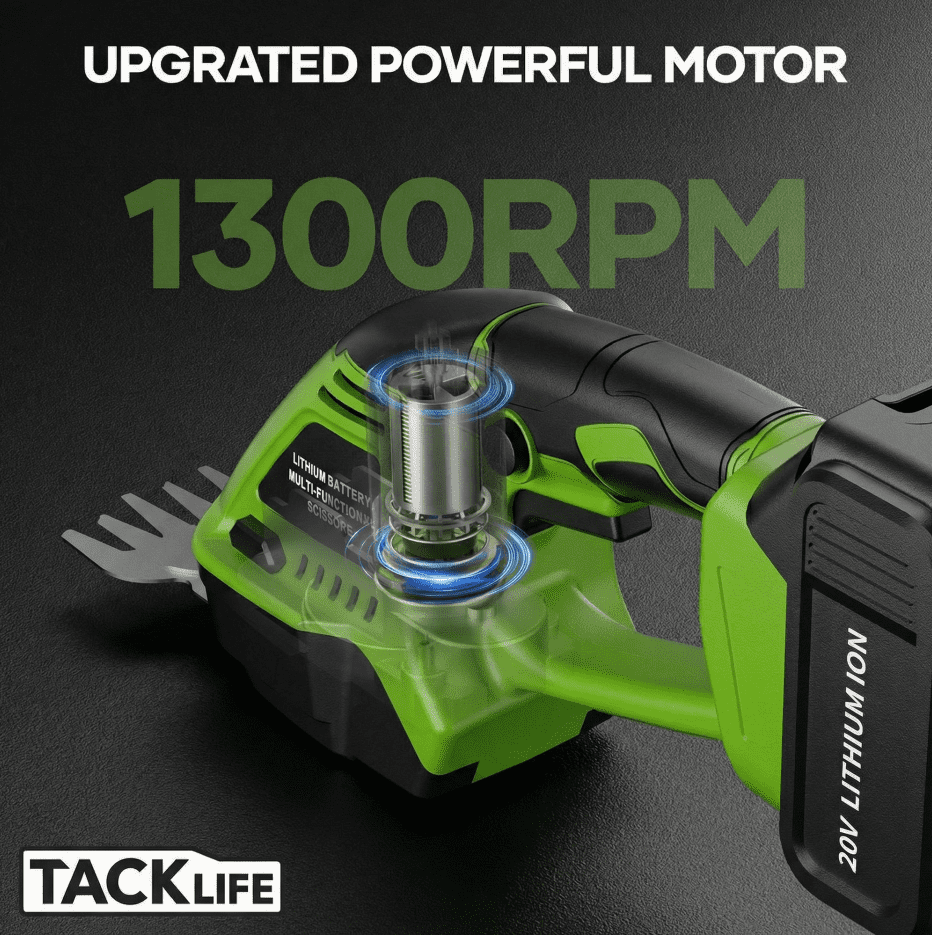 TACKLIFE 20V Cordless Hedge Trimmer & Grass Shear, 2 in 1 Handheld Electric Grass Trimmer with 2.0Ah Battery and Charger, Green