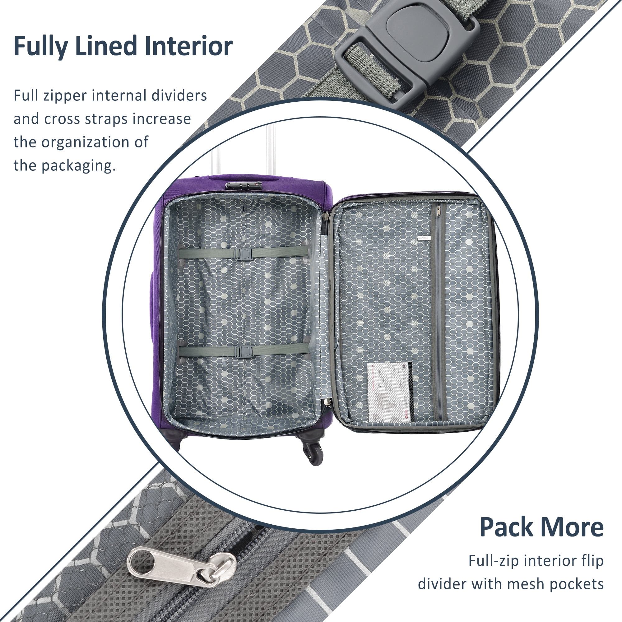 EUROCO 3 Piece Softside Luggage Set,Expandable Suitcase Set with TSA Lock and Spinner Wheels,Lightweight Suitcase for Men Women(20",24",28"),Purple