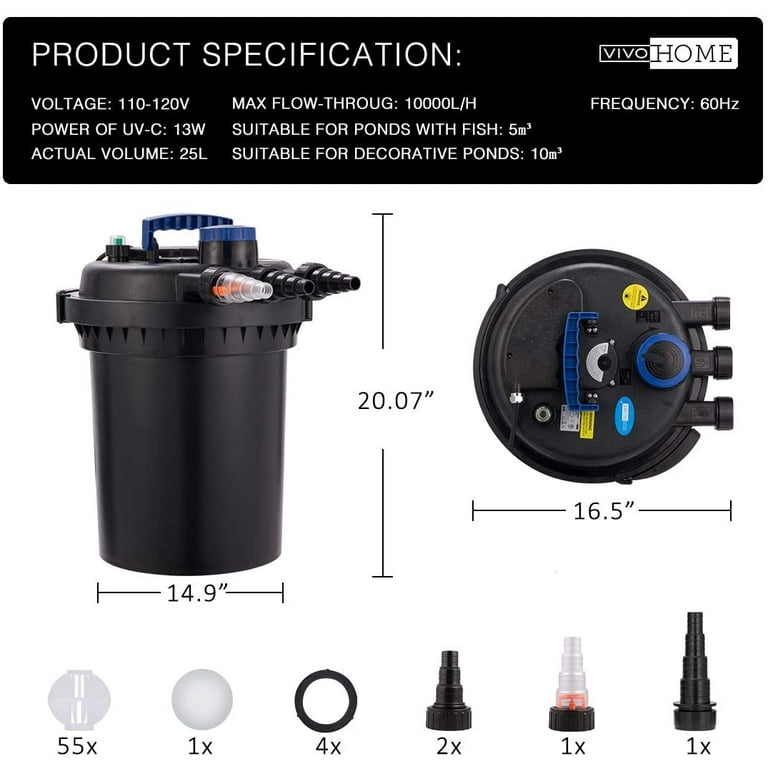 VIVOHOME Bio Pressure Pond Filter with 13 Watt UV Light up to