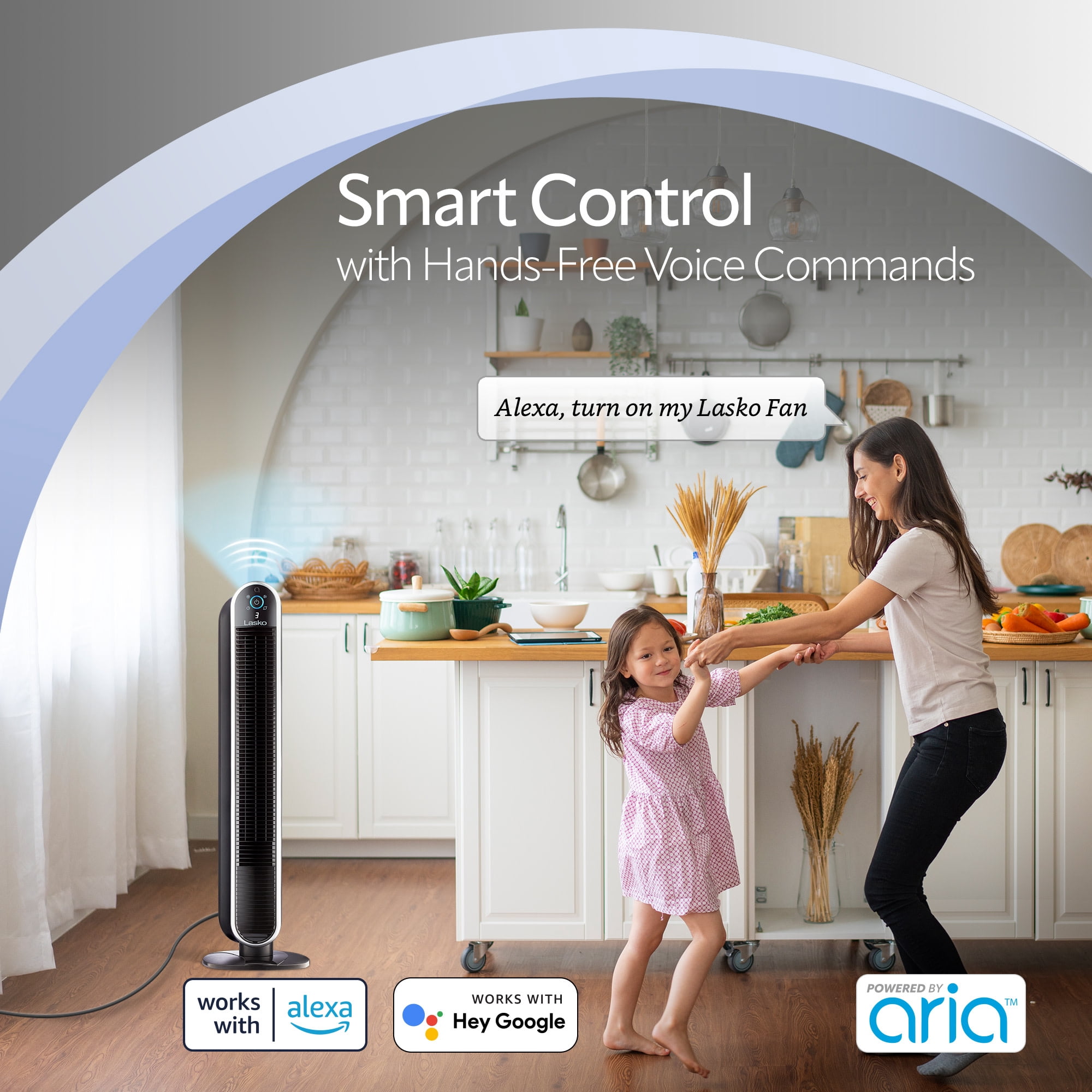 Lasko 40" 5-Speed Smart Tower Fan Powered by Aria, Wi-Fi Connected, Alexa, Google, Black, T40733