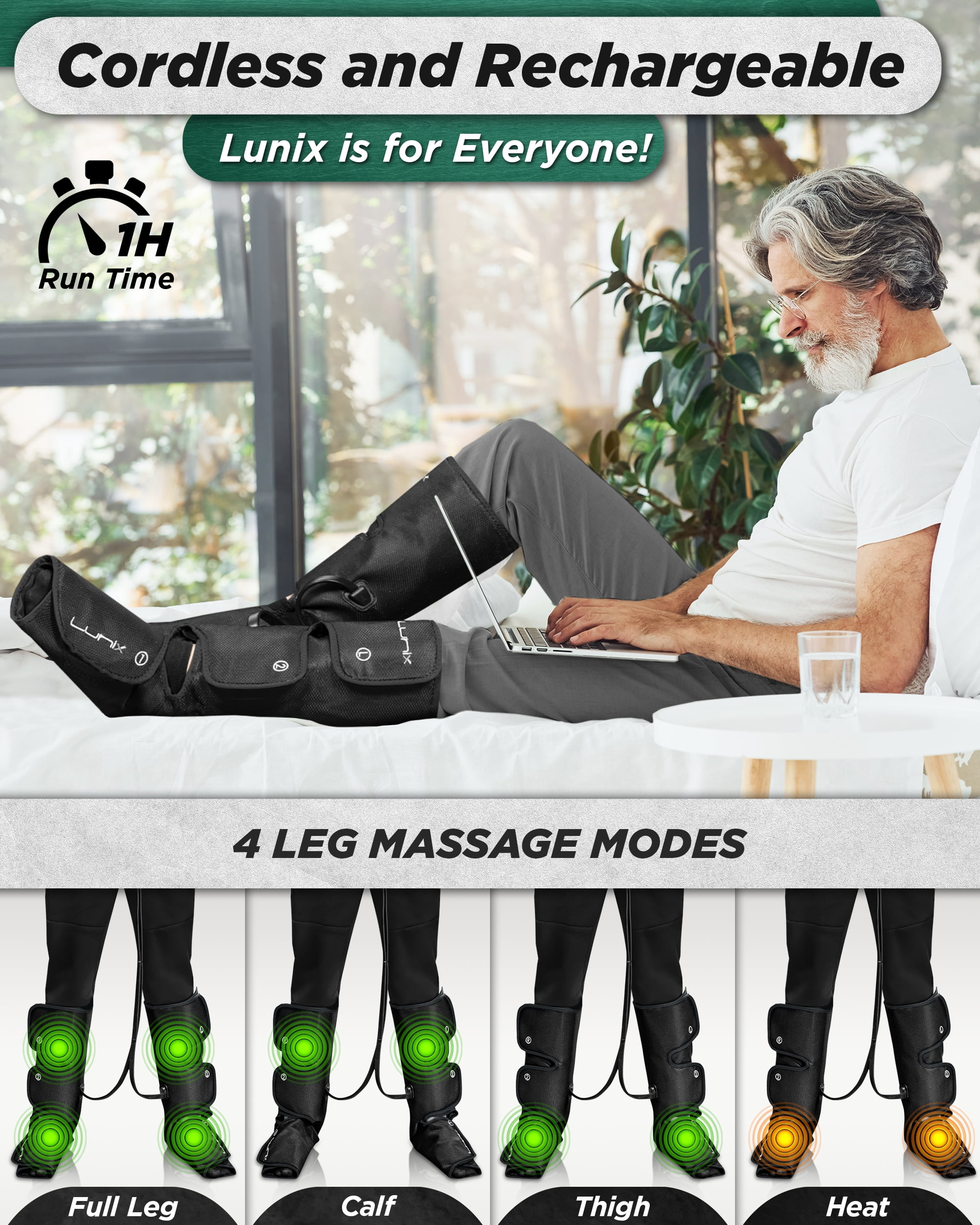 Lunix LX1 Foot and Calf Compression Massager, Cordless Rechargeable Leg Massager with Heat, Charcoal Black